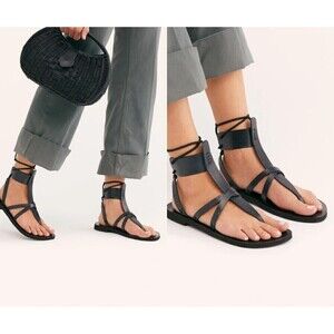 Free People Women Black Vacation Day Leather Wrap Strappy NEW Gladiator